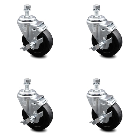Service Caster 4 Inch Soft Rubber Wheel Swivel 1/2 Inch Threaded Stem Caster Set with Brake SCC SCC-TS20S414-SRS-TLB-121315-4